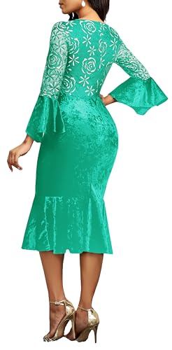 Image of Midi Lace Dress for Women Bodycon Dress Church Cocktail Party Clothes | Square Neck,Lace Bell Sleeve,Velvet Look,Mermaid Hem,Midi Dresses,Cocktail Party,Wedding Guest Party,Formal Event Outftis