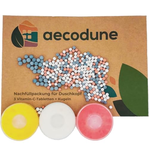 Aecodune Kalkfilter Duschkopf Nachfüllung - Wasser- und Chlorfilter mit Vitamin C - Entspannung zu Hause - Enthärter-Kit mit Duschkugeln mit negativer Ionenfilterung - Zitrone, Rose, Jasmin