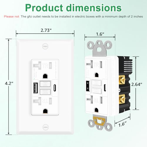 Greencycle 20 Amp GFCI Outlet with USB C & USB A Ports, 1PK Self Test GFCI Electrical Outlet Combination with USB,with LED Indicator,Residential & Commercial Grade, Includes Wall Plate & Screws, White - Image 7