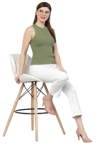 Image of Kalt Womens Knitted, Ribbed Cotton Fitted Sleeveless Round Neck Cami Tank Top