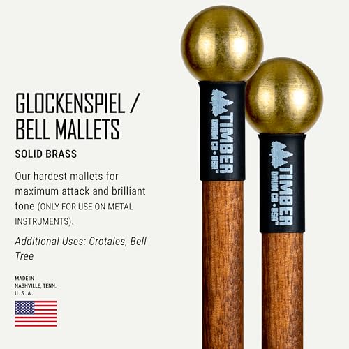 Image of Timber Drum Co. Bell /Glockenspiel Mallets - MADE IN U.S.A. Percussion | Sticks For Orchestral Bells, Bell Tree, Crotales - Solid Brass with Solid Birch Handles, 15.25 inch