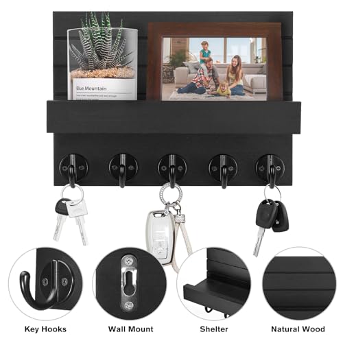 Kldgris Schlüsselbrett mit Ablage, Dekoratives Holz Wandregal, Schlüsselbrett Holz Schwarz, mit 5 Schlüsselhaken, für Eingang, Flur, Schlafzimmer, Wohnzimmer