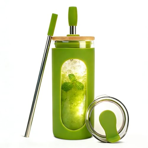 Sursip 20 oz Glass Tumbler with Lids and Straws, Iced Coffee Cups