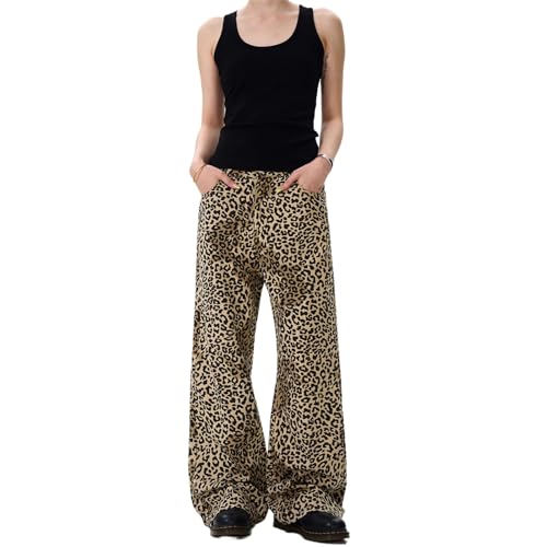GUOYUXIAO Men's Jeans Retro Leopard-Print Slightly Flared Denim Pants Loose Casual Trouser for Men