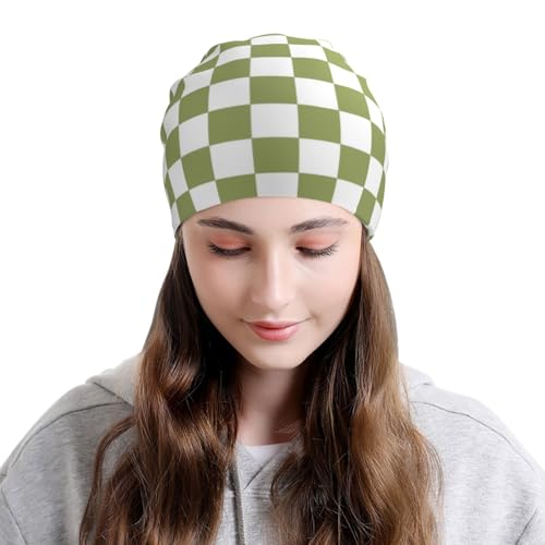 Green Checkered Beanie Chemo Hats for Women Men Slouchy Cancer Headwear Stretchy Skull Cap Soft Knitted Hat Nightcap Chemo Gifts — view 3