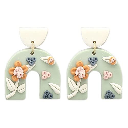Emulily Spring Floral Polymer Clay Earrings Post Earrings Boho Flower Earrings (Sage)