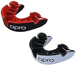Opro Unisex-Youth Silver Sports Mouthguard, Twin Pack, With Case, Gum Shield for Hockey, Lacrosse, Rugby, MMA, Boxing and Other Contact and Combat Sports (Black/Red + White/Black)