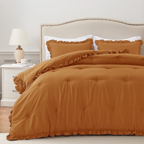Image of HARBOREST King Comforter Set Burnt Orange - Ruffle Comforter for King Size Bed, Fluffy King Size Comforter Set for All Seasons, 3 Pieces (1 Comforter & 2 Pillow Shams)