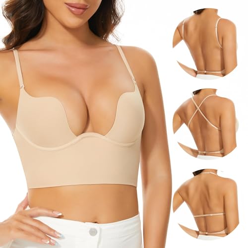 Low Back Bras for Women-Seamless Backless Bra Deep U Plunge Invisible Low Cut Bras Multiway Convertible Straps Halter Bra2