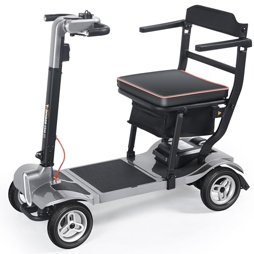 TopMate ES40 Scooter Disabili e Pieghevole per Adulti, Leggero, Pieghevole, Approvato Dalle Compagnie Aeree, per Anziani con Batteria Rimovibile, Fari a LED e Borsa Portaoggetti - Argento Nero
