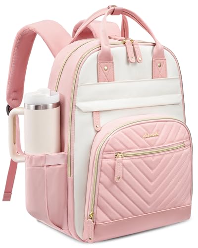 LOVEVOOK Laptop Backpack for Women with Giant Tumbler Holder Pocket,18 inch School College Book Bag Nurse Teacher Backpack,Waterproof Work Travel Backpack Purse Laptop Computer Bag, Beige-Pink-Pink