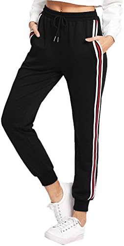 SweatyRocks Women's Drawstring Waist Striped Side Jogger Sweatpants with Pockets,Black,X-Small