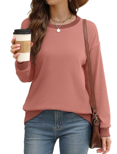 Image of Saloogoe Sweatshirts for Women Crewneck Long Sleeve Loose Fit Tops Color Block Ribbed Trim Fashion 2025