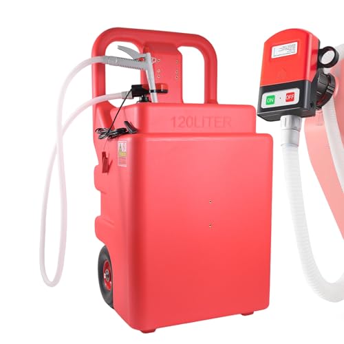 32 Gallon Fuel Caddy, Portable Gas Storage Tank with AA Battery Powered Transfer Pump, Hose & 2 Wheels, Gasoline Diesel Fuel Container for Cars, ATVs, Boats, Lawn Mowers, Red