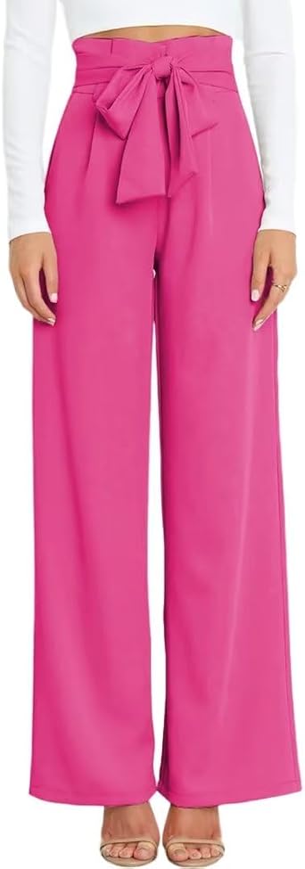 Womens High Waist Wide Leg Pants Elastic Waistband Belly Control Office Pants with Pockets for Work Casual Rose Red