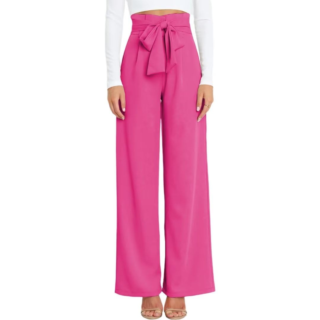 Womens High Waist Wide Leg Pants Elastic Waistband Belly Control Office Pants with Pockets for Work Casual Rose