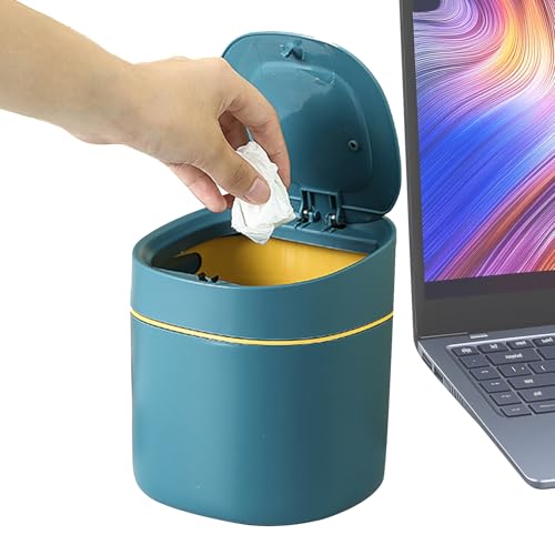 Cubo de basura para escritorio, tapa de empuje, cubo de basura para el lugar de trabajo, suministros cosméticos, bastoncillos de algodón, cesta de basura para baño, estudio o WC