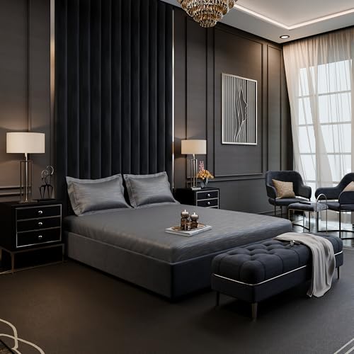 Image of Stoa Paris 350TC Luxture Cotton King Fitted Bedding Set with 2 Pillow Covers, All-Around Elastic Fitted Bedsheet 183cm x 198cm + 30cm Drop, All Season Comfort, Breathable, Panache 2.0 - Grey
