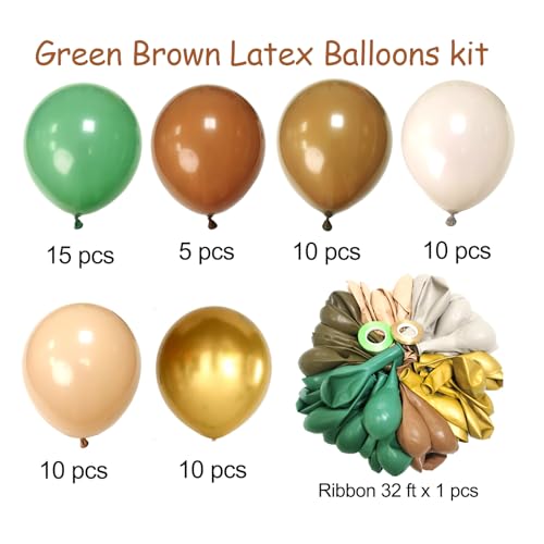 Image of Green and Brown Balloons Set, 60 Pcs 12 Inch green brown balloons Jungle Safari Woodland Forest Balloon Metallic Gold Cream Brown Olive Green Coffee Blush Balloon for Baby Shower Birthday Decorations