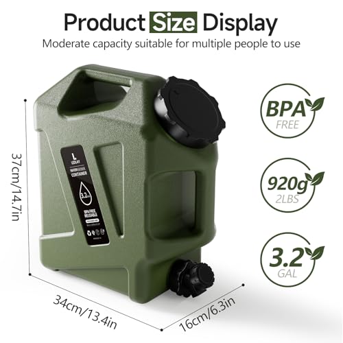 3.2GAL Camping Water Jug, Portable Water Storage Container with Spigot, Leak-Proof Lid & Dual Handles, Outdoor Water Tank for Camping, RV, Emergency Preparedness - Image 3