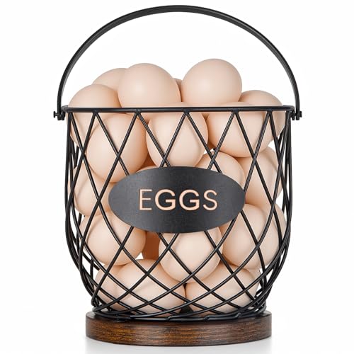 La Mejor Selección de Hueveras los 10 mejores. 43 Banawey - Cesta de huevos de gallina para recoger huevos frescos con mango de metal, cesta de recogida de huevos de alambre con base de madera, encimera redonda para huevos,...