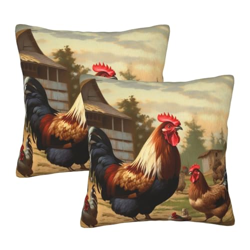 Image of yujhopp Farm Print Chicken and Rooster Print Throw Pillow Covers Set of 2, Soft Plush Pillowcase Decorative Square Throw Pillows Cushion Covers for Sofa, Couch, Bedroom, Living Room Decor