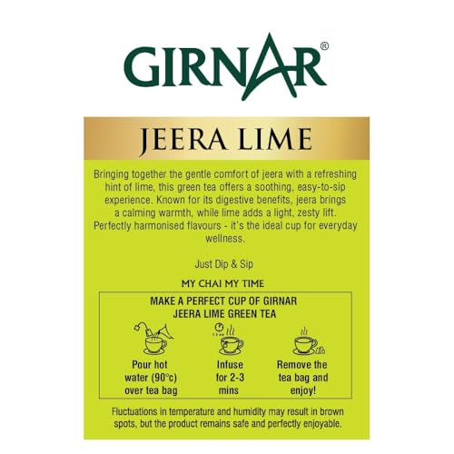 Image of Girnar Jeera Lime Green Tea Bags - Green Tea with Natural Cumin (Jeera) & Lime Flavor, 25 Tea Bags | Refreshing Herbal Infusion for Digestion & Metabolism Support