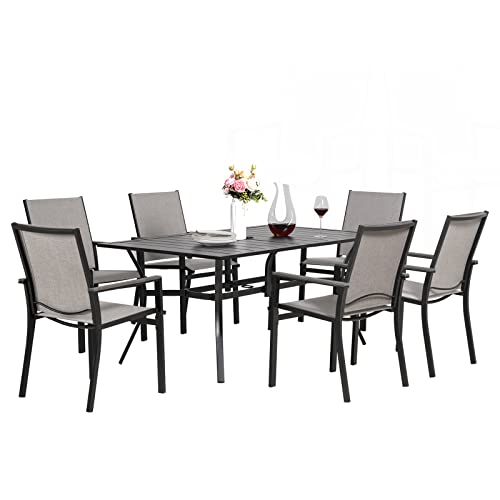 MEOOEM 7 Piece Outdoor Patio Dining Set, 6 Textilene Outdoor Dining Chairs with Metal Square Table with 1.57″ Umbrella Hole