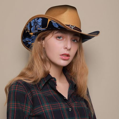Image of Cowboy Hats for Women, Brown Cowgirl Hats Classic Straw Western Hats for Women Music Festival Party Beach.