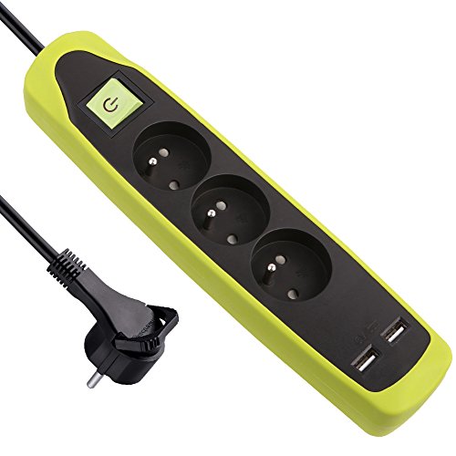 Electraline Gummy 35612 Bloc Multiprise 3 prises et 2 USB - couverture en silicone antidérapant - câble 2 mt - fiche plat Cover