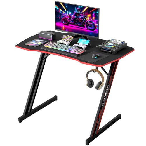 Image of BestOffice Gaming Desk 35 in PC Computer Desk Z Shaped Gaming Workstation Ergonomic Gaming Table with Headphone Hook for Home Office,Black&Red | PC Computer Workstation, Ergonomic Gaming Table, Headphone Hook, For Home Office