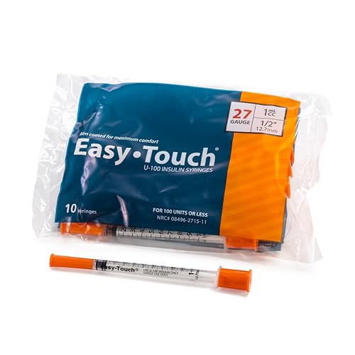 Image of Easy Touch 27 Gauge U-100 Insulin Syringes (27G 1cc 1 /2 inch) with 1 /2 inch Long Needle, 1cc (100 Unit Capacity), Bold Markings for Accurate Dosing, Disposable, Box of 100