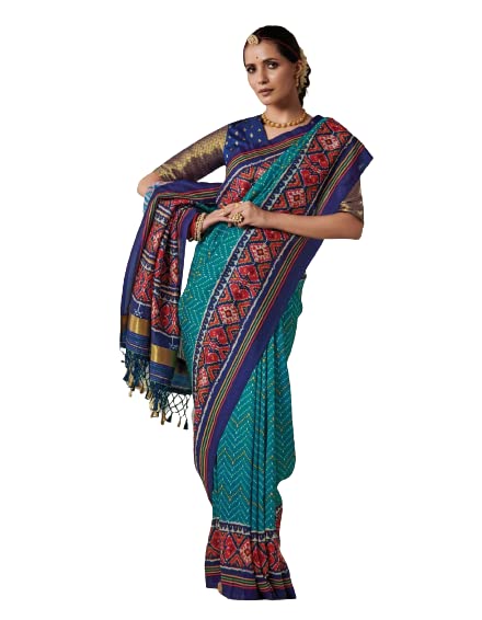 THATH BANARAS Women's Printed Soft Tusser Silk Patola Saree With Blouse Piece (Color:-Blue & Red)