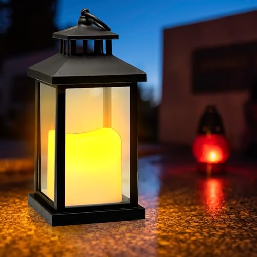 LED Laterne Deko für Draußen, Kunststoff Gartenlaterne Outdoor Kerzenlaterne, Vintage Laterne mit LED Kerzen Flammenlose Hängende Tischdeko für Halloween Weihnachten Deko Wohnzimmer (A)