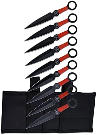Perfect Point Throwing Knife Set – Set of 9 Throwers, Black Stainless Steel Blades w/ Red Cord Wrapped Handles w/ Chinese Inscription, Nylon Sheath, Well Balanced, Sport Knives – PP-060-9