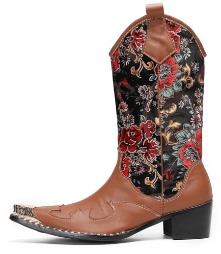 Santimon Men's Western Cowboy Boots | Genuine Leather Wingtip Motorcycle Boots with Embroidery | Pull-On High-Top Dress Boots for Tuxedo/Ballroom/Casual | Vintage Dress Hybrid Style2