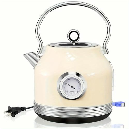 ZBDZSW Hervidor de Agua eléctrico Retro de Acero Inoxidable de 1500 W y 1,7 l, Tetera, indicador de Temperatura Grande, Calentador de Agua de Calentamiento rápido con indicador LED,Apagado automático