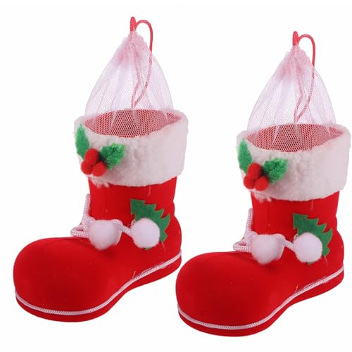 2PCS Christmas Candy Boots with Pom Pom Bell Holiday Cnady Bag Christmas Stocking Mini Santa Boots for Fireplace