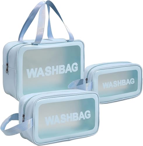 Image of Makeup Pouch Bag PVC Travel Toiletries Organizer Cosmetic Bags Wash Bag Pouch for Travel Kit Toiletry Bag Portable Organizer Case Carry Pouch for Women Bathroom Set of 3 (Blue)
