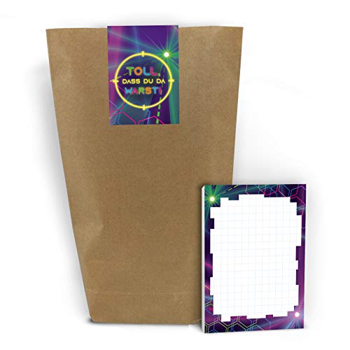 Junaversum 12 Mini-Notizblöcke + 12 Geschenktüten + 12 Aufkleber Lasertag Laser Tag Mitgebsel Gastgeschenk beim Geburtstag Kindergeburtstag Mädchen Jungen