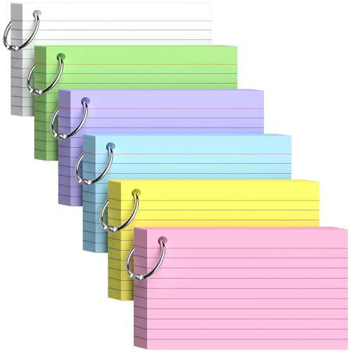 300 Stück Kleine Karteikarten A7 (12,7 x 7,6 cm), Linierte Lernkarten mit Ring, A7 Karteikarte 6 Farben Kleine Bunte Karteikarten für Vokabeln Englisch Vokabeln Rezepte, Lernkarten für Notizen