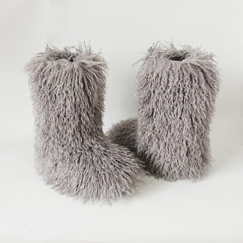 HINDOLA Womens Faux Fur Boots Plush Warm Snow Boots Fuzzy Fluffy Furry Round Toe Suede Boots Comfortable Winter Ankle Booties Anti Slip Outdoor Indoor Flat Shoes4