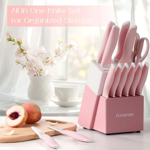 Image of Astercook Knife Set, Kitchen Knives Set with Block and Sharpener 15 Pcs German Stainless Steel Knives Sharp Blade Dishwasher Safe Deba Knives with Ergonomic Handle, Crystal Pink