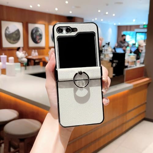 Coque Galaxy Z Flip 5 ENILSA en cuir litchi blanc avec anneau support antichoc