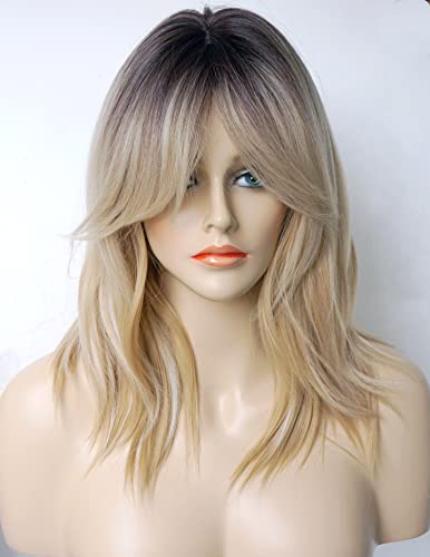 Short Wavy Blonde Wigs ombre for white women medium length wolf -tail...