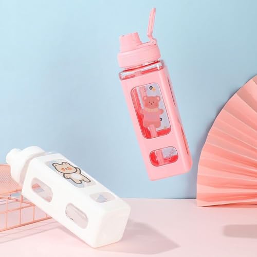 Image of Kawaii Water Bottle with Straw and Sticker, Kawaii Bear Water Bottle, Large Sport Plastic Portable Square Drinking Bottle for Girl, Cute Juice Tea Water Cups,700 ML (White)