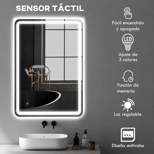 Miniatura 4 de Homcom Espejo De Baño Con Luces Led, 70x100 Cm, Espejo De Pared, 3 Colores De Luz, Brillo Regulable, Función Antivaho, Función De Memoria, Interruptor Táctil, Ip44, Horizontal Vertical