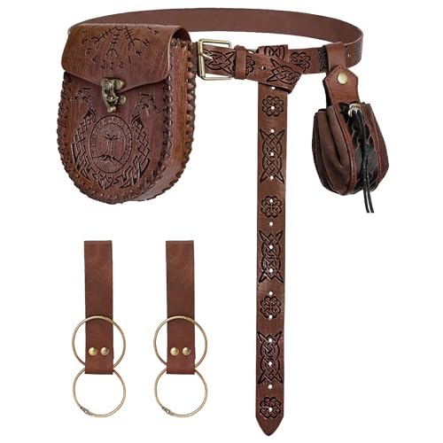 Renaissance Belt Pouch Waist Bag Set - Medieval Viking Pirate Coin Purse Skirt Hike for LARP Halloween Cosplay Accessories (Brown)