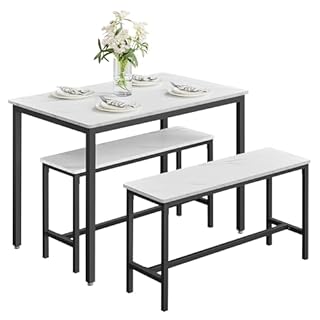 VASAGLE Dining Table with 2 Benches, 3 Piece Set, Kitchen Table of 70 x 110 x 75 cm, 2 Benches of 30 x 97 x 50 cm Each, Steel Frame, Marble White and Ink Black KDT070B59