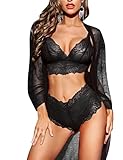 RSLOVE Women Sexy Lingerie Set 3 Piece Lace Kimono Robe with Bra and Panty Sheer Sleepwear Black M